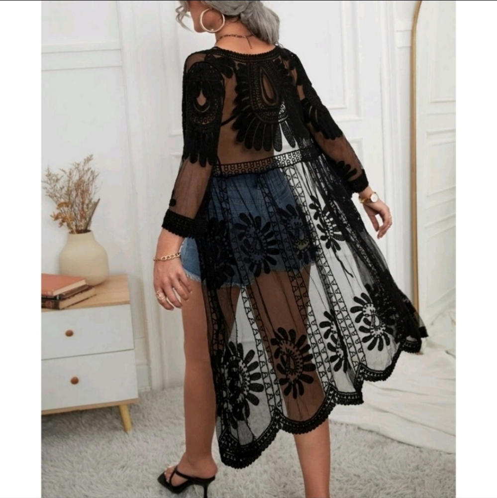 Black Boho Tie Front Mesh Embroidered Kimono - Picture 5 of 12